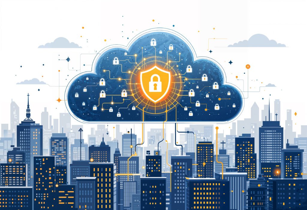 Illustration of a cloud above a city skyline with interconnected padlock icons and a central shield, symbolizing cloud security, data protection, and cybersecurity infrastructure.